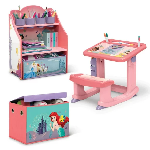 Disney Princess 3-Piece Art & Play Toddler Room-in-a-Box by Delta Children  Includes Draw & Play Desk, Art & Storage Station & Fabric Toy Box, Pink