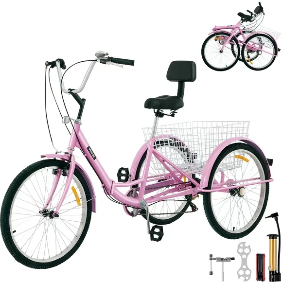 VEVOR Foldable Adult Tricycle 24" Wheels, 7-Speed Trike, 3 Wheels Colorful Bike with Basket, Portable and Foldable Bicycle for Adults Exercise Shopping Picnic Outdoor Activities, Pink