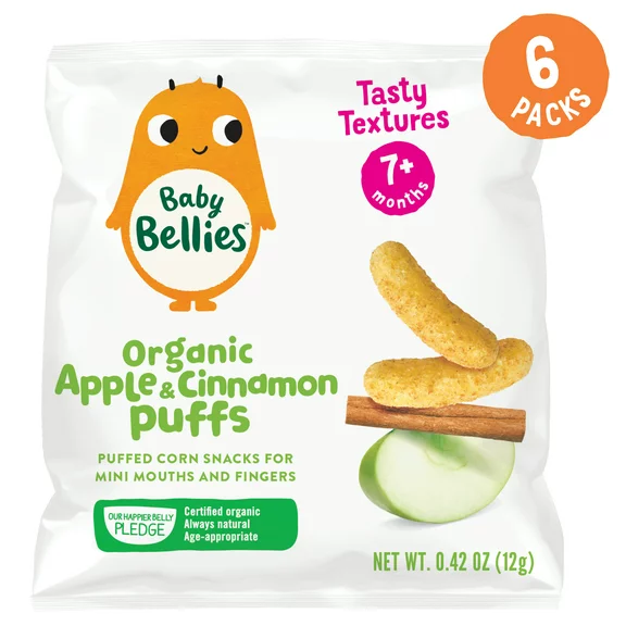 Baby Bellies Organic Apple & Cinnamon Puffs Snack, 0.42 oz Bag, 6 Pack