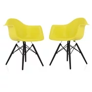 CozyBlock Scandinavian Light Yellow Molded Plastic Dining Arm Chair with Black Wood Eiffel Legs (Set of 2)