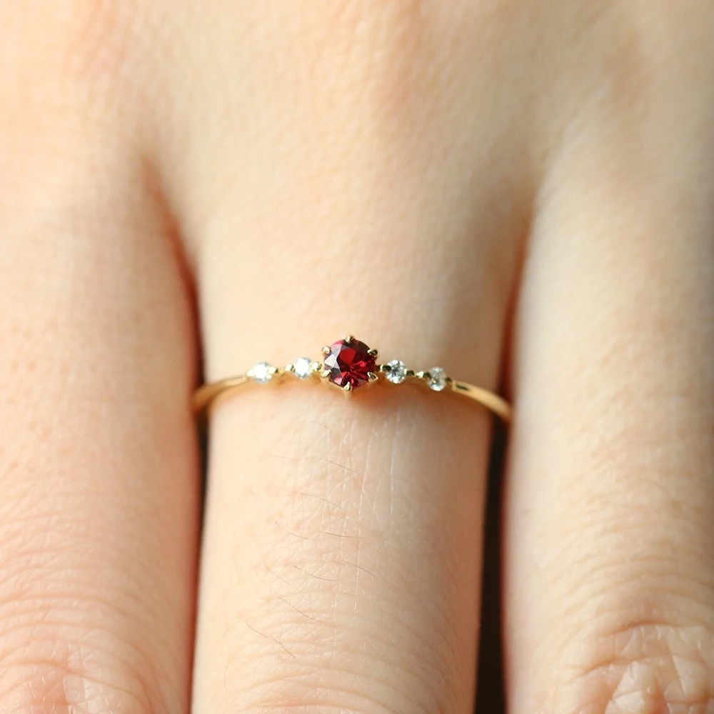 Women 18k Gold Rubine Diamond Ring Wedding Engagement Party Thin Rings