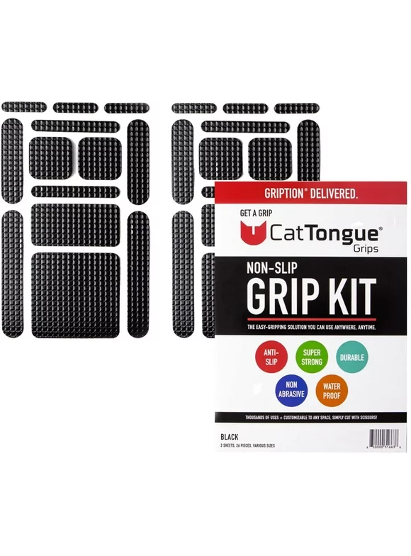 Non-Abrasive Grip Kit by CatTongue Grips, 26 pcs – Waterproof Non-Slip Grip Tape Kit for Indoor & Outdoor Use - Thousands of Grippy Uses: Furniture, Bathtubs, Frames, Controllers and More! (Black)