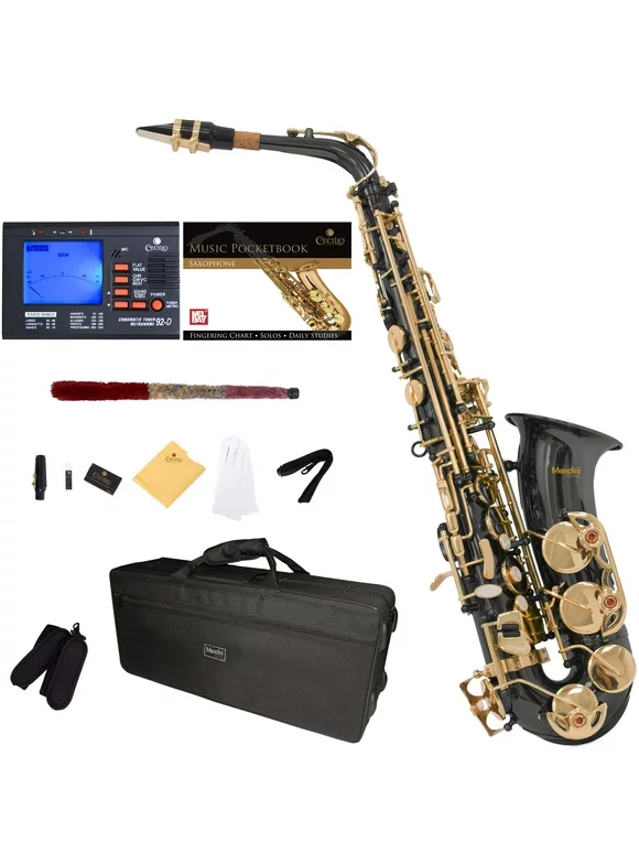 Mendini by Cecilio Eb Alto Sax with Tuner, Case, Mouthpiece, 10 Reeds, Pocketbook, MAS-BK Black Lacquer E Flat Saxophone