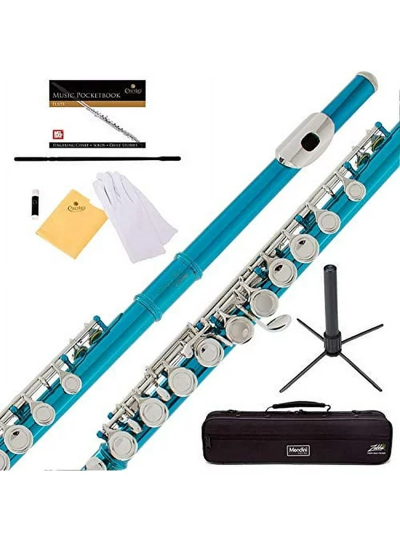 Mendini Sky Blue Closed Hole C Flute with Stand, Case, Cleaning Rod, Cloth, Joint Grease, and Gloves