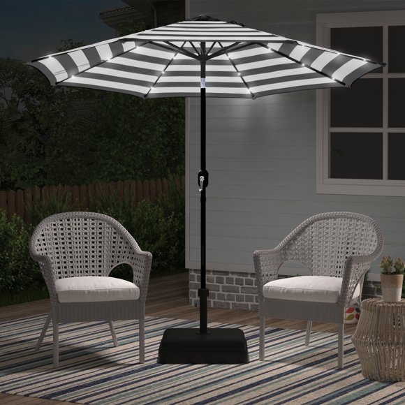 Abble 9' Black and White Striped Octagon Lighted Patio Umbrella with LED Lights