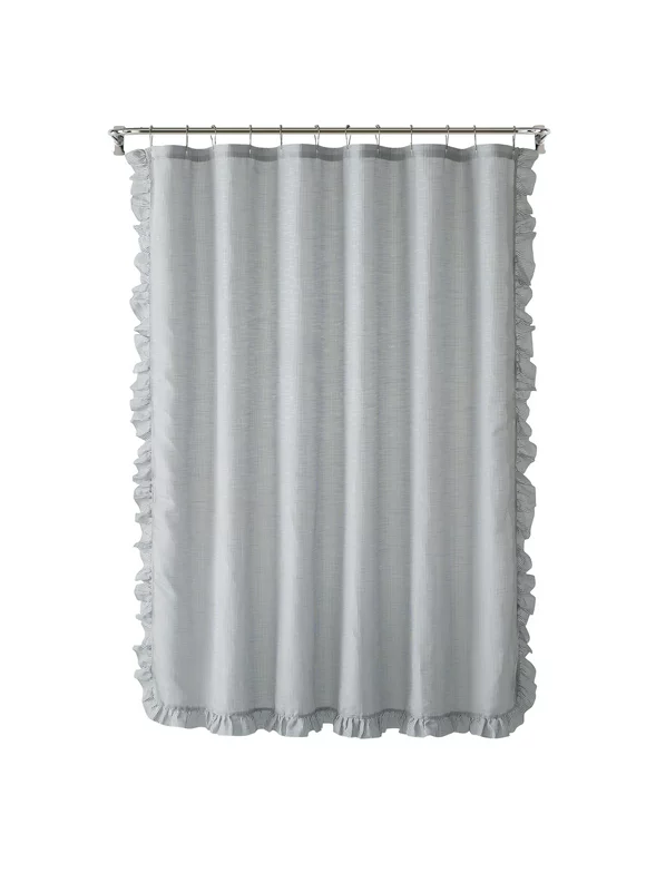 My Texas House Lancaster Dark Gray Chambray Ruffle Polyester Shower Curtain, 72" x 72"