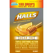 Halls Sugar Free Cough Drops, Honey Lemon, 180 Ct