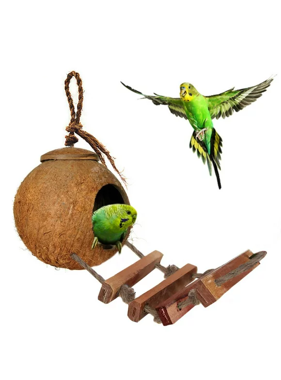 SunGrow Natural Coconut Shell Nest & Hanging Bird House with Ladder