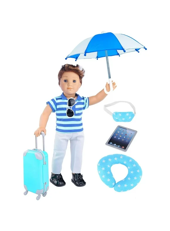 ebuddy Boy Travel Suitcase with Doll Clothes 9pc/Set for 18 inch American Girl & Boy Dolls Logan Doll Include Shirt,Pants,Black Shoes,Sunglasses,Mini Pad,Eyeshade,U Pillow,Umbrella and A Luggage