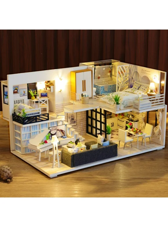 DIY LED Light Kids Apartment Dollhouse Toy，Wood Handcraft Doll House Model Play Set with Furniture , Kids Children Fun Christmas Gifts