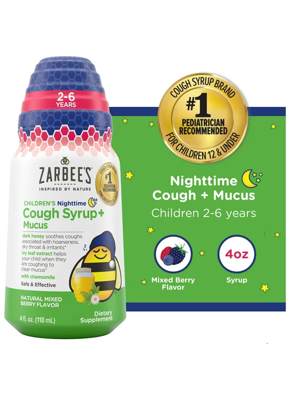 Zarbees Kids Cough + Mucus Nighttime with Honey, Ivy Leaf, Zinc & Elderberry, Mixed Berry, 4FL Oz