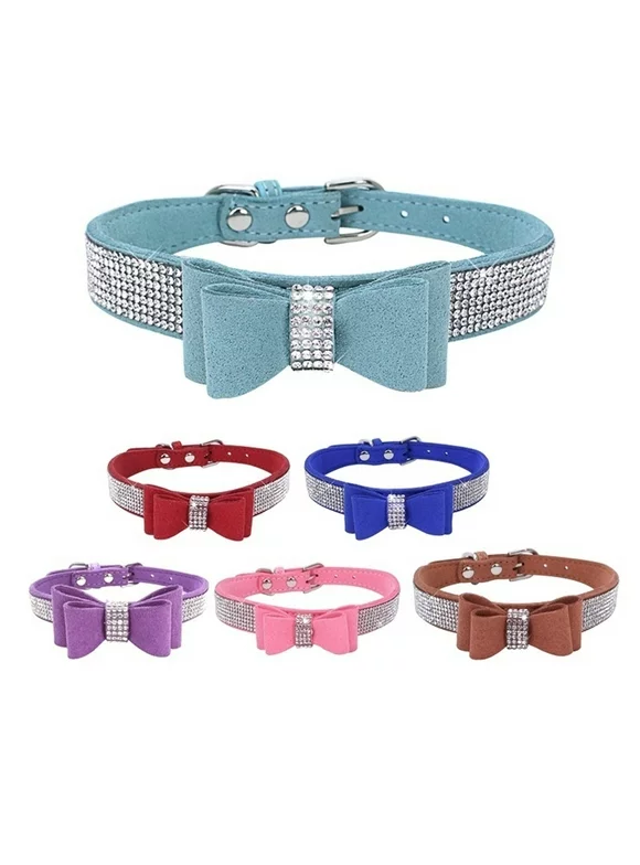 Yesbay Rhinestone Dog Collar Faux Suede Leather Bowknot Puppy Cat Pet Bling Necklace
