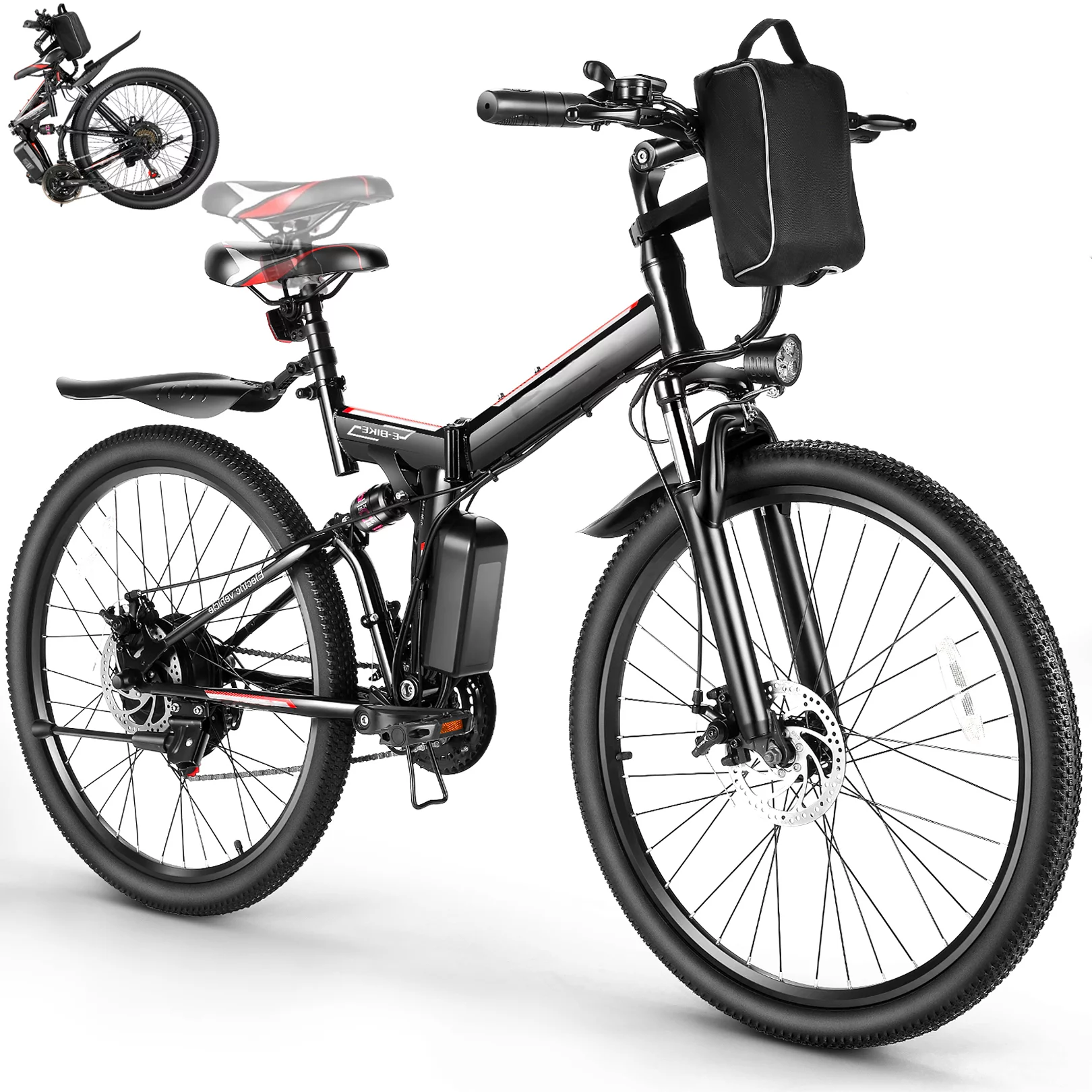 Gocio Adult Electric Bicycles Foldable Ebike, 500W 26" Electric Commuter Bicycle, 48V Battery, Full Suspension, Folding Electric Mountain Bike, Adjustable 21 Speed E-Bikes for Adults with Fenders