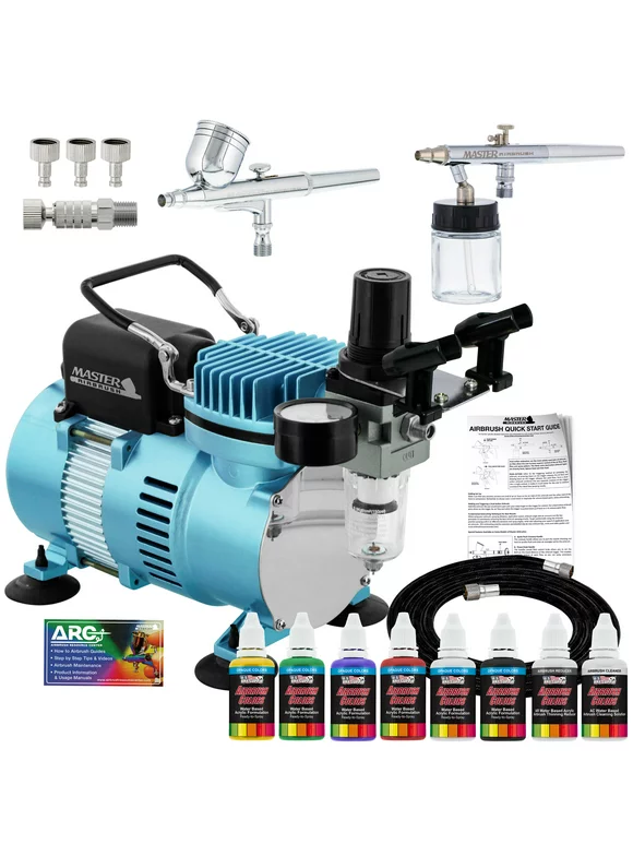 Master Airbrush Cool Runner II Dual Fan Air Compressor Airbrushing System Kit with 2 Professional Airbrushes, Gravity and Siphon Feed - 6 Primary Opaque Colors Acrylic Paint Artist Set - How to Guide