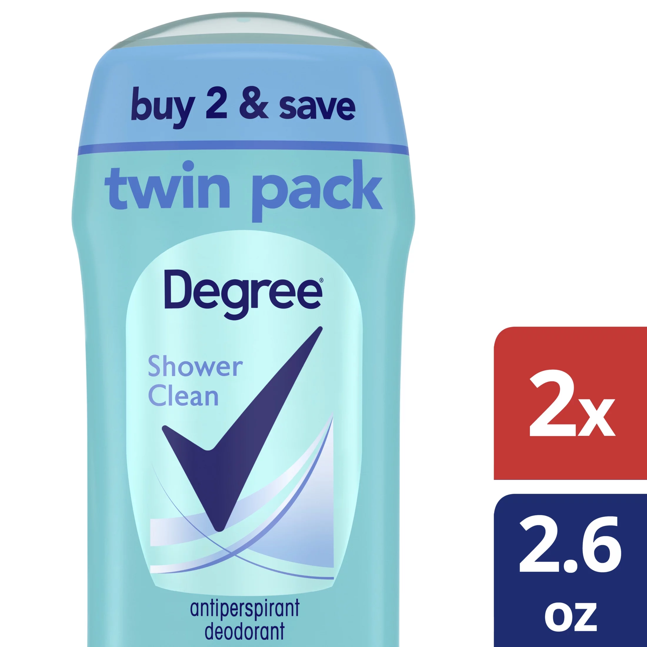 Degree 48H Antiperspirant Deodorant Shower Clean 2.6 oz Twin, 2.6 oz, Twin Pack