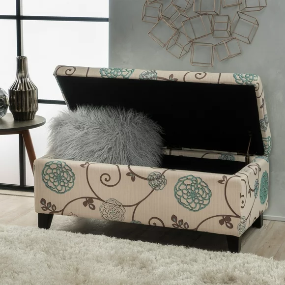 Noble House Hampton Contemporary Fabric Upholstered Storage Ottoman, White and Blue Floral