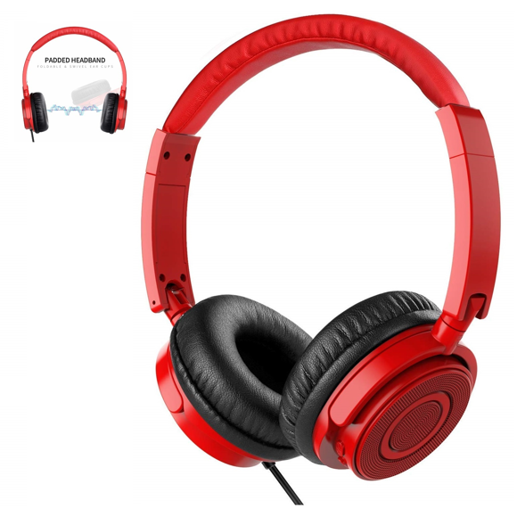 On Ear Headphones with Mic, Vogek Portable Fold-Flat Stereo Bass Headphones with 1.5M Tangle Free Cord and Microphone-Red
