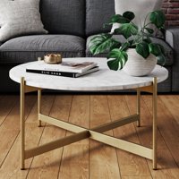 Nathan James Piper White Faux Marble Gold Brass Metal Frame Round Modern Living Room Coffee Table