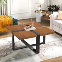 Coffee Table with Crossed-Shape, 37.4" Metal Legs + Pine Table Top Floor Tea Table, Industrial Square Modern Living Accent Side or Coffee, Sofa Center Table for Dining Room