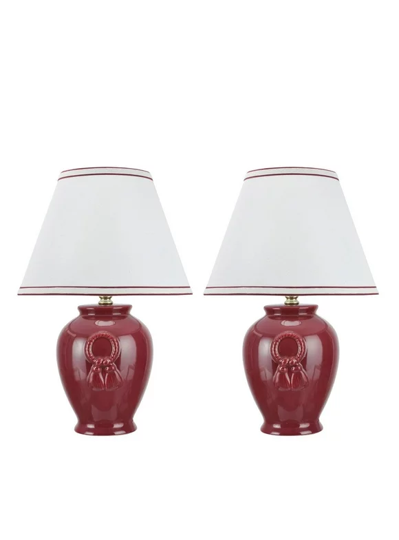 Aspen Creative 40069-3, Two Pack Set, 17" High, Traditional Ceramic Table Lamp, Burgundy with Hardback Empire Shaped Lamp Shade In Off-White, 11 1/2" Wide