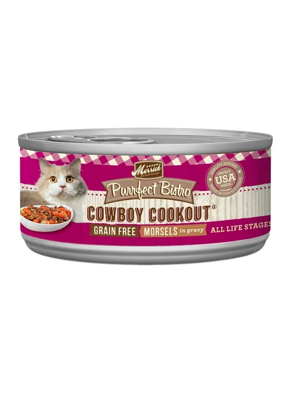 (24 Pack) Merrick Purrfect Bistro Grain Free Wet Cat Food Cowboy Cookout Morsels in Gravy, 5.5 oz. Cans