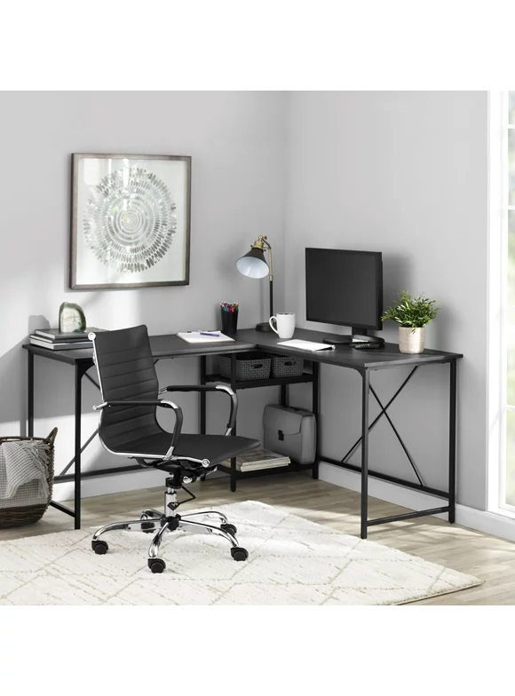 Mainstays Two-Way Convertible Desk with Lower Storage Shelf, Charcoal Finish and Black Metal Frame