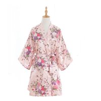 Women Summer Silk Floral Nightgown Short Kimono Bathrobe Cardigan Robe