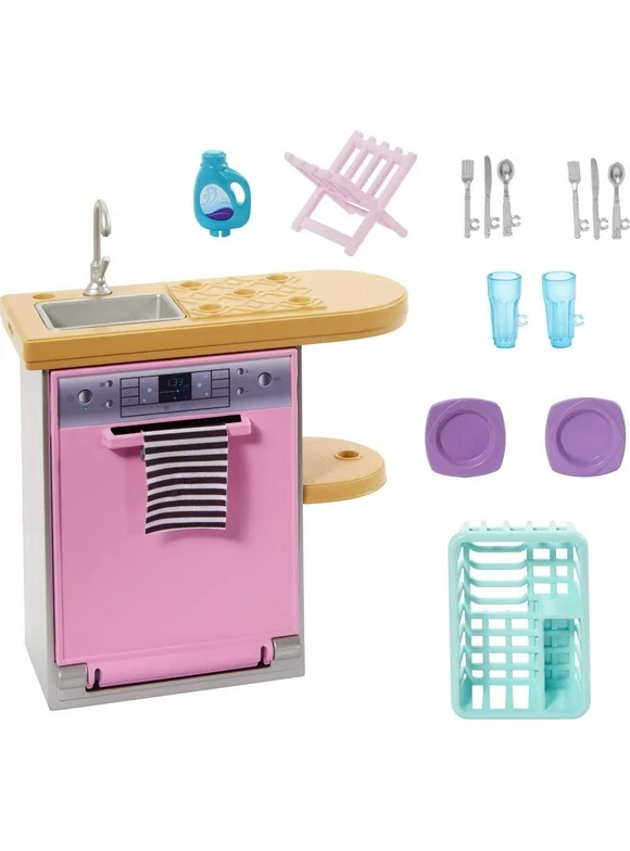 Barbie Indoor Doll House Furniture Set, Dishwasher with Counter & Kitchen Accessories