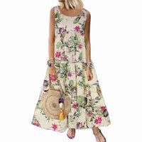 Women's Popular Elegant Commuting Vintage Floral Printing Stitching Sleeveless Round Neck Dress