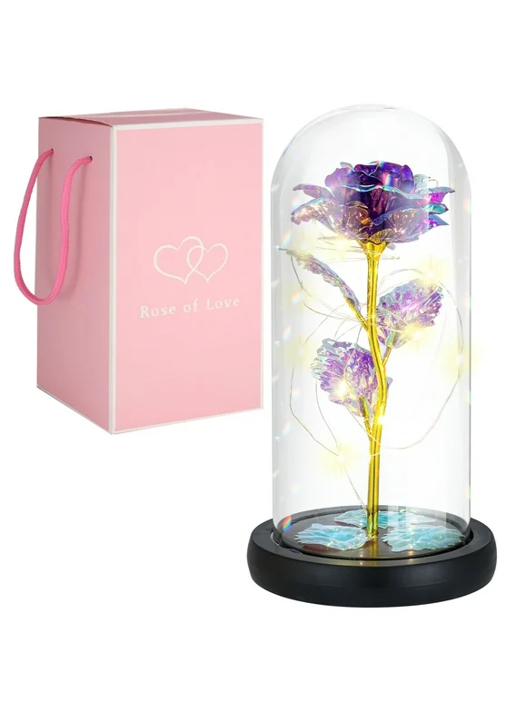 Hengguang Galaxy Rose Birthday Gifts for Women, Glass Flower Rose with Led Light String, Unique Gifts for Mothers Day, Christmas, Valentine Day, Anniversary(Purple)