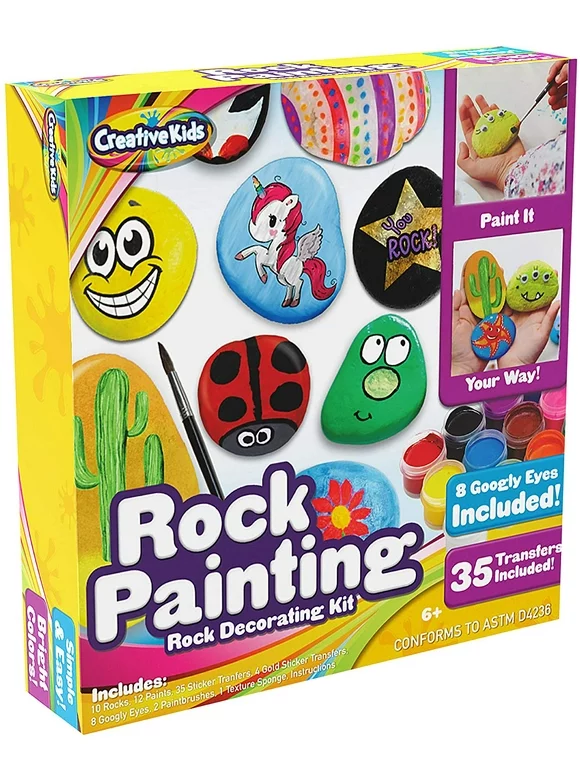 Rock Painting Outdoor Activity Kit for Kids  DIY Art Set w/ 10 Hide and Seek Stones, 12 Acrylic Paint Tubes & 2 Brushes  Fun Googly Eyes, Easy Transfer Design for Boys & Girls
