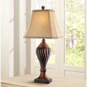 Regency Hill Traditional Table Lamp Carved Two Tone Brown Urn Shaped Beige Fabric Shade for Living Room Family Bedroom Bedside