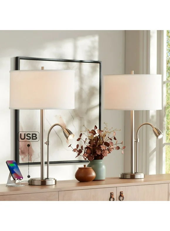Possini Euro Design Traverse Modern Table Lamps Set of 2 29 1/2" Tall Brushed Nickel with USB Charging Port LED Gooseneck White Drum Shade for Desk
