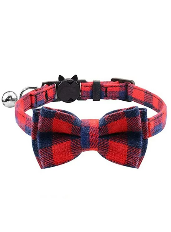 AkoaDa Cat Collar Breakaway with Cute Bow Tie and Bell for Kitty Adjustable Safety Plaid Collar Pet Supplies(Red)