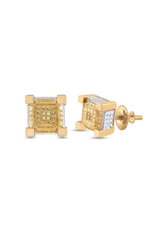 Golden Star Two-tone Sterling Silver Mens Round Diamond 3D Square Earrings .03 Cttw