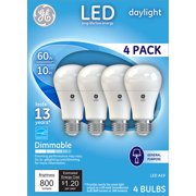 GE Daylight A19 General Purpose 10-Watt LED Light Bulb (60W Equivalent), Dimmable, Medium Base, 4-Pack