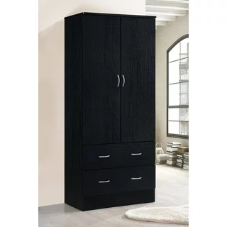 Hodedah Two Door Wardrobe with Two Drawers and Hanging Rod, Black