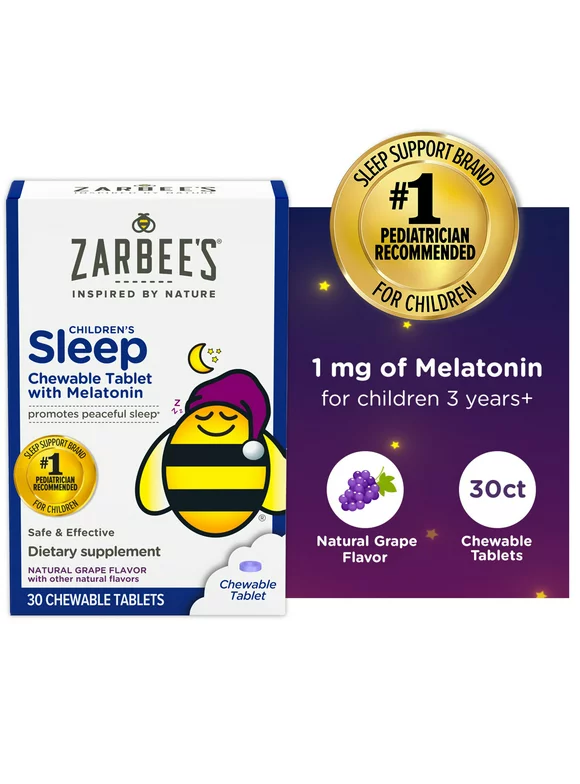 Zarbee’s Kids Sleep 1mg Melatonin Chewables, Drug-Free, Natural Grape, 30ct