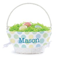 Personalized Planet Boys Polka Dot Liner with Custom Name Printed in Blue Letters on White Woven Spring Easter Basket with Collapsible Handle for Egg Hunt or Book Toy Storage