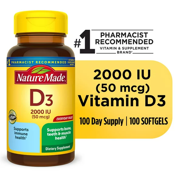 Nature Made Vitamin D3 2000 IU (50 mcg) Softgels, Dietary Supplement for Bone and Immune Health Support, 100 Count