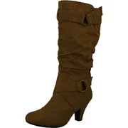 Maggie-38 Women Knee High Kitty Heels Wide Shaft Boots, Tan, 10