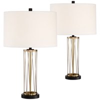 360 Lighting Modern Table Lamps Set of 2 with Hotel Style USB Charging Port Gold Metal Drum Shade for Living Room Family Bedroom Bedside