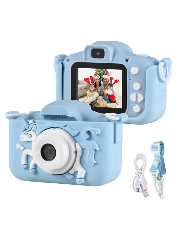 Eccomum Cartoon Kids Digital Camera 1080P Digital Video Camera for Kids Dual Lens 2.0 Inch IPS Screen Built-in Battery Cute Photo Frames Interesting Games with Neck Strap Birthday Christmas Gift fo