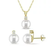 Miabella 8-9mm Freshwater Cultured Pearl and 1/6 Carat T.W. Diamond 14k Yellow Gold Earrings and Pendant 2-Piece Set