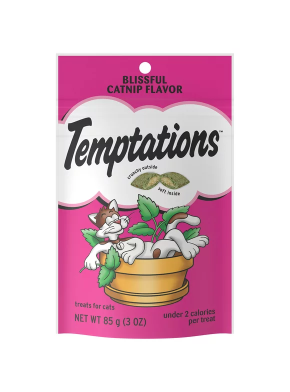 TEMPTATIONS Classic, Crunchy and Soft Cat Treats, Blissful Catnip Flavor, 3 oz. Pouch