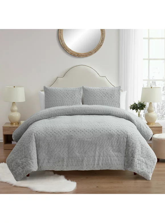 My Texas House Jessie 3-Piece Comforter Set Carved Faux Rabbit Fur, Grey, Full/Queen