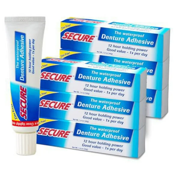 Secure Waterproof Denture Adhesive - Zinc Free - Extra Strong 12 Hour Hold - 1.4 oz