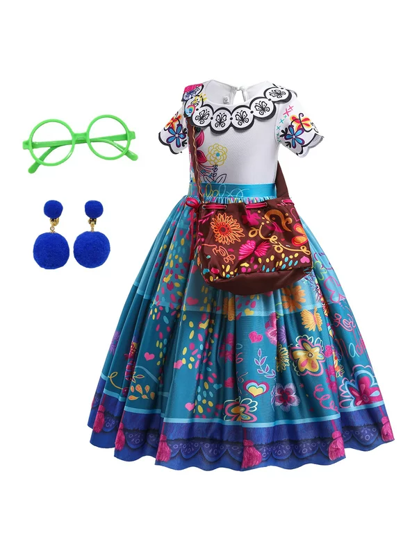 Encanto Dress Mirabel Costume for Girls Madrigal Cosplay outfits Birthday Halloween Dress Up 5-6Years(Q34,120CM)