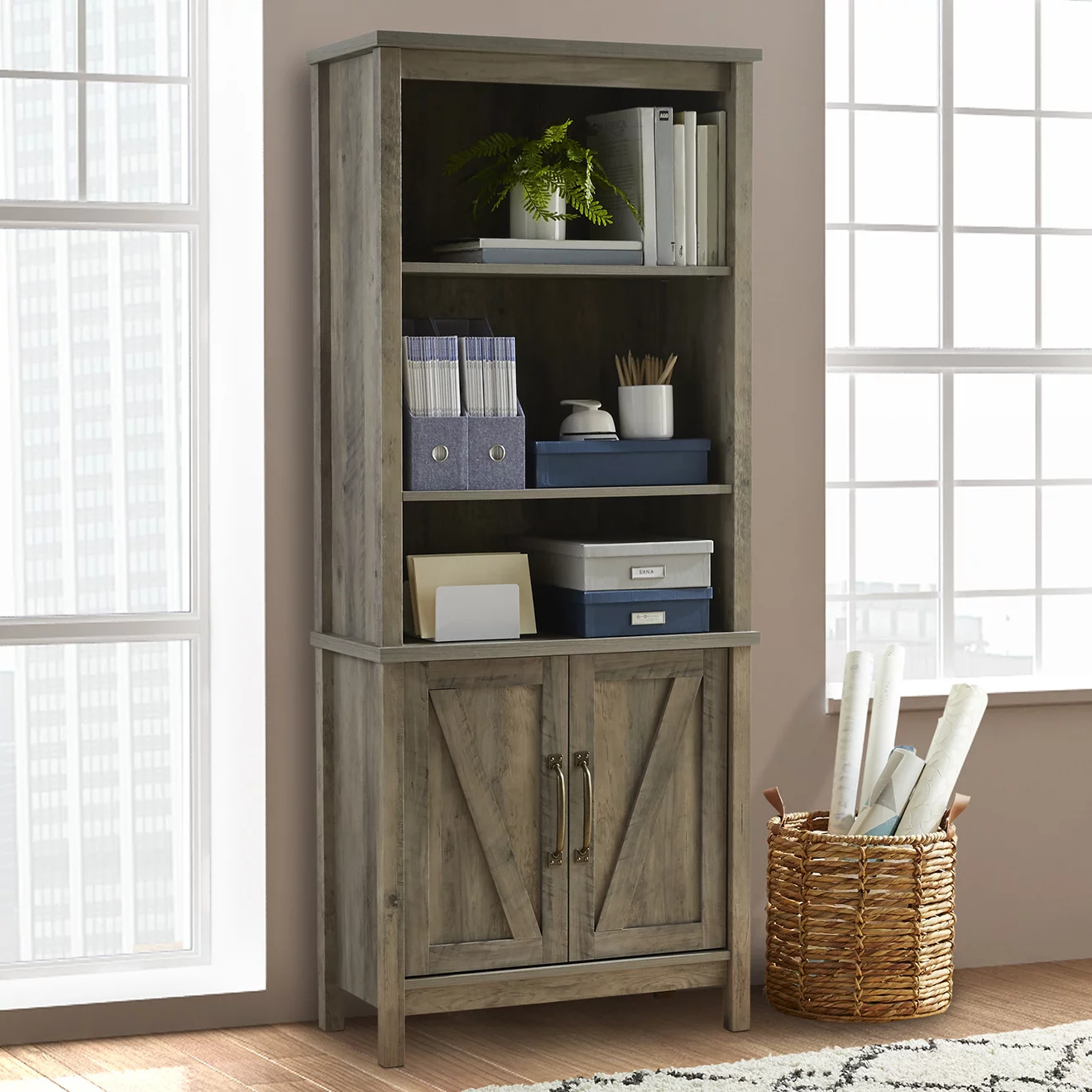 Better Homes & Gardens Modern Farmhouse 5 Shelf Library Bookcase with Doors, Rustic Gray Finish