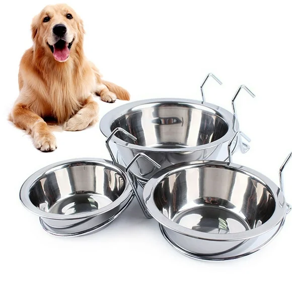 Besufy Pet Bowl Metal Dog Bowl Cage Crate Non Slip Hanging Food Dish Water Feeder with Hook